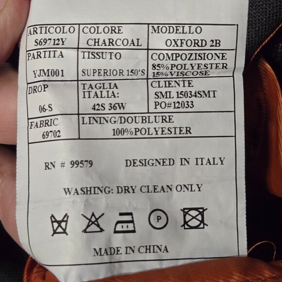 Sergio Martini Superior 150s Charcoal Gray Two Button Front Suit Jacket, 42R - Picture 9 of 9